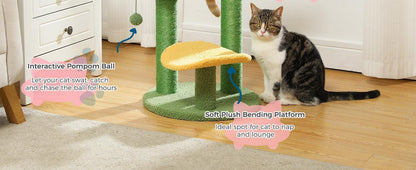 26 Inch Cactus Cat Tree With Bird's Eye View Flower Perch, Soft Cactus Top And Hanging Ball, Compact Vertical Structure For Indoor Cats