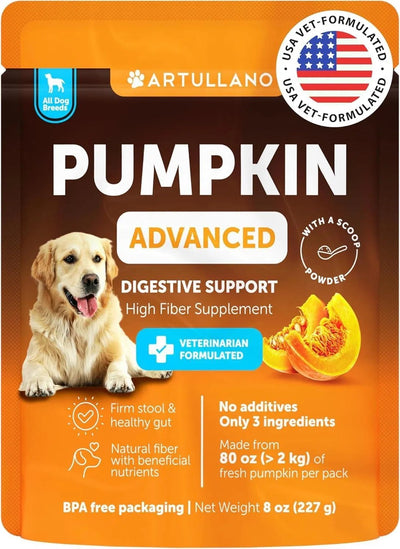 Dog food package with pumpkin for advanced digestive support on an orange background